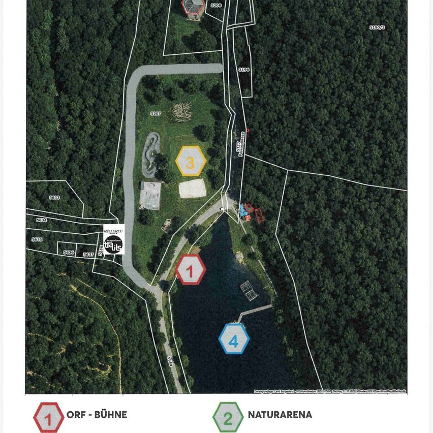 Eine Karte, die einen Waldbereich zeigt, mit nummerierten Punkten, die verschiedene Orte kennzeichnen. Punkt 1 ist mit 'ORF-BUEHNE' beschriftet, Punkt 2 ist mit 'NATURARENA' beschriftet, Punkt 3 ist mit einem gelben Kreis markiert und Punkt 4 ist mit einem blauen Kreis markiert.
