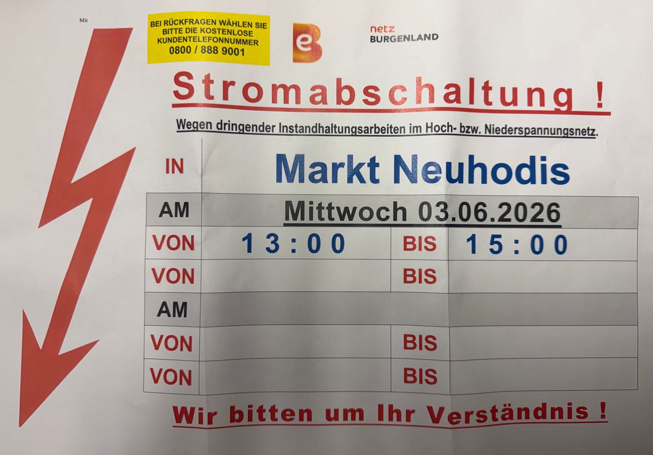 An announcement for power outage in Markt Neuhodis on Wednesday, June 3, 2026 from 13:00 to 15:00. Contact number provided.