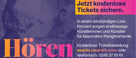 Ein Plakat für ein Konzert von Neuroth im Jahr 2026. Es zeigt eine Geigerin und einen Pianisten, mit einem QR-Code für Ticketing. Der Eintritt ist frei, mit einer Ticketkaufoption.