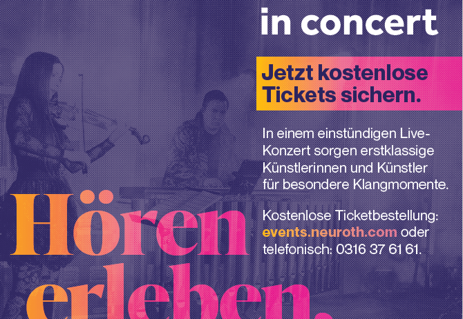 Ein Plakat für ein Konzert von Neuroth im Jahr 2026. Es zeigt eine Geigerin und einen Pianisten, mit einem QR-Code für Ticketing. Der Eintritt ist frei, mit einer Ticketkaufoption.