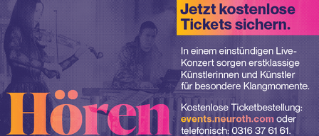 Hören Sie außergewöhnliche Musik: Neuroths Konzert vom 12. bis 10. Mai 2026. Eintritt um 16:00 Uhr, Konzertbeginn um 18:30 Uhr. Kostenlose Ticketbuchung über events.neuroth.com oder telefonisch. QR-Code für Infos und Tickets.