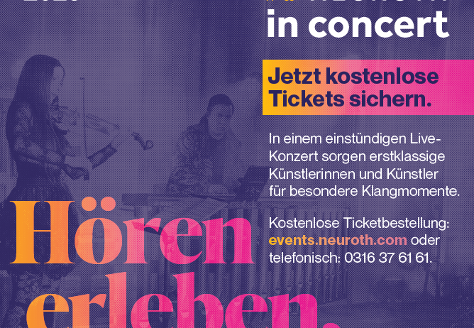 Hören Sie außergewöhnliche Musik: Neuroths Konzert vom 12. bis 10. Mai 2026. Eintritt um 16:00 Uhr, Konzertbeginn um 18:30 Uhr. Kostenlose Ticketbuchung über events.neuroth.com oder telefonisch. QR-Code für Infos und Tickets.