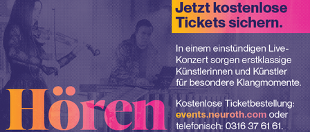 Plakat für die Tour 2026 von Neuroth mit einer Violinistin und einem Pianisten und einem QR-Code für Tickets.