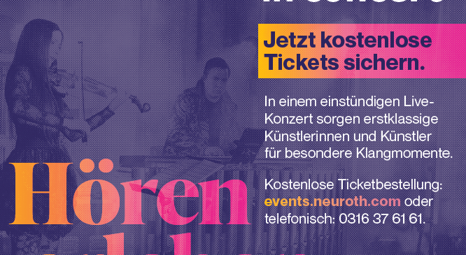 Plakat für die Tour 2026 von Neuroth mit einer Violinistin und einem Pianisten und einem QR-Code für Tickets.