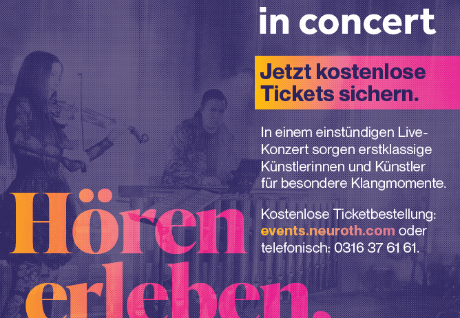 Plakat für die Tour 2026 von Neuroth. Zeigt Musiker bei einem Live-Auftritt mit Schwerpunkt auf der Ticketbeschaffung über eine Website und Telefonnummer.