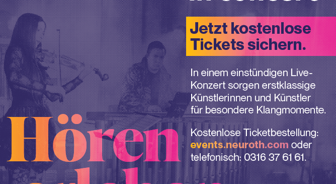 Plakat für die Tour 2026 von Neuroth. Zeigt Musiker bei einem Live-Auftritt mit Schwerpunkt auf der Ticketbeschaffung über eine Website und Telefonnummer.