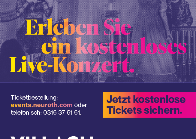 Erleben Sie ein kostenloses Live-Konzert. Tickets unter events.neuroth.com oder telefonisch: 0316 37 61 61. In Villach vom 2. bis 5. Juni. QR-Code für Infos & Tickets.