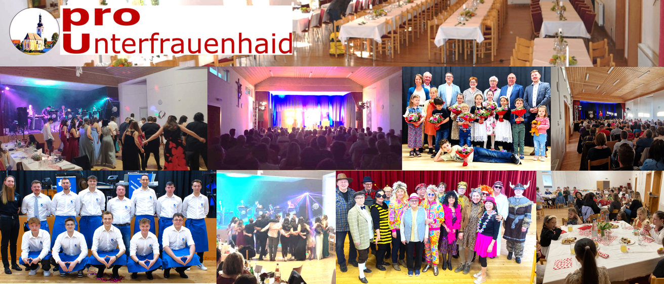 Das Bild zeigt eine Collage verschiedener Ereignisse. Oben links eine Gruppe von Menschen in bunten Kostümen. Darunter eine Bühne mit blauem Licht und einem großen Publikum. Rechts ein Familienfoto mit Blumen. Darunter ein Gruppenfoto von älteren Menschen in Kostümen.