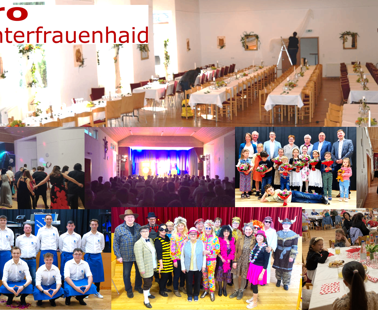 Mehrere Bilder zeigen einen Bankettsaal, eine Aufführung, eine Gruppe von Menschen in Kostümen und ein Familienfoto. Der Hauptfokus liegt auf einer vielfältigen Gruppe von Personen in Kostümen, die möglicherweise eine Veranstaltung feiern.
