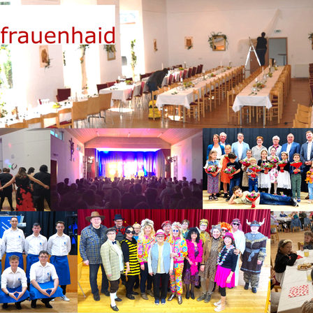Mehrere Bilder zeigen einen Bankettsaal, eine Aufführung, eine Gruppe von Menschen in Kostümen und ein Familienfoto. Der Hauptfokus liegt auf einer vielfältigen Gruppe von Personen in Kostümen, die möglicherweise eine Veranstaltung feiern.