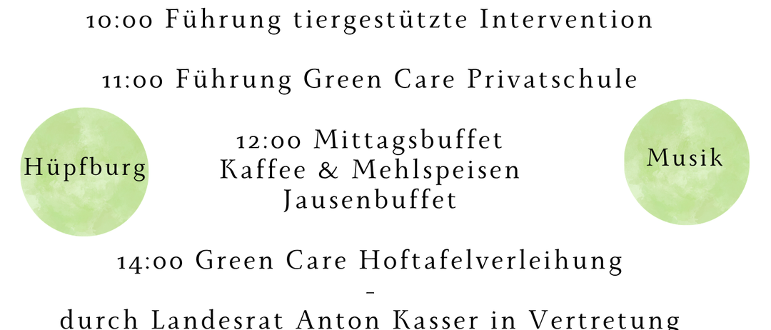 Am 12. April findet ein Event in 3073 Stössing-Dachsbach 1 statt. Es beginnt um 10:00 mit einer tiergestützten Intervention, gefolgt von einer Führung durch die Green Care Privatschule um 11:00. Um 12:00 gibt es ein Mittagsbuffet mit Kaffee und Gebäck, und Musik. Um 14:00 findet eine Green Care Hochzeitsfeier statt.