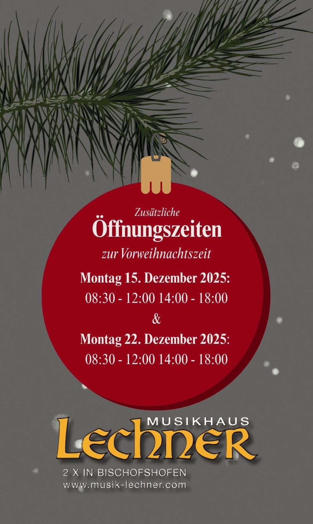 Ein roter kreisförmiger Weihnachtsschmuck mit einem goldenen Anhänger, der von einem Zweig hängt. Es steht 'Zusatzliche Öffnungszeiten zur Vorweihnachtszeit' und gibt Öffnungszeiten für den 15. und 22. Dezember 2025 an.