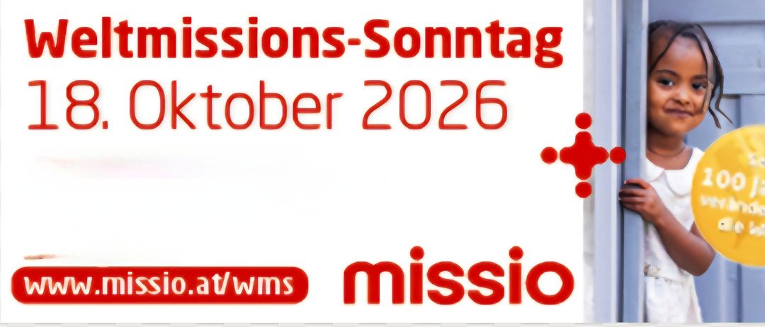 Ein roter Text auf weißem Hintergrund lautet 'Missions-Sonntag' und 'Oktober 2026'. Darunter steht das Wort 'missio' in Rot. Das Bild hat einen Wasserzeichen mit roten Punkten in der unteren rechten Ecke.