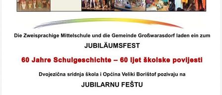 Plakat für die 60-Jahr-Feier der zweisprachigen Mittelschule in Veliki Boristof. Es zeigt Bilder von ehemaligen Schülern und Schulaktivitäten. Die Veranstaltung ist für den 29. Mai 2026 um 18:00 Uhr geplant.