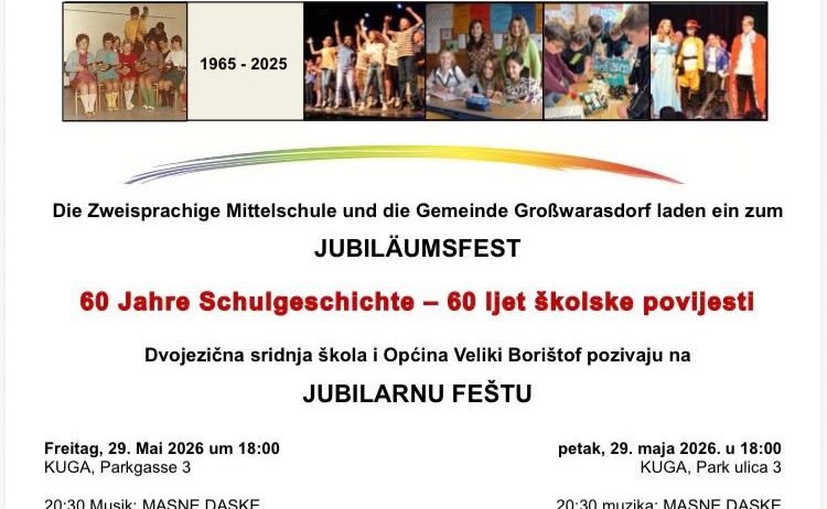 Plakat für die 60-Jahr-Feier der zweisprachigen Mittelschule in Veliki Boristof. Es zeigt Bilder von ehemaligen Schülern und Schulaktivitäten. Die Veranstaltung ist für den 29. Mai 2026 um 18:00 Uhr geplant.