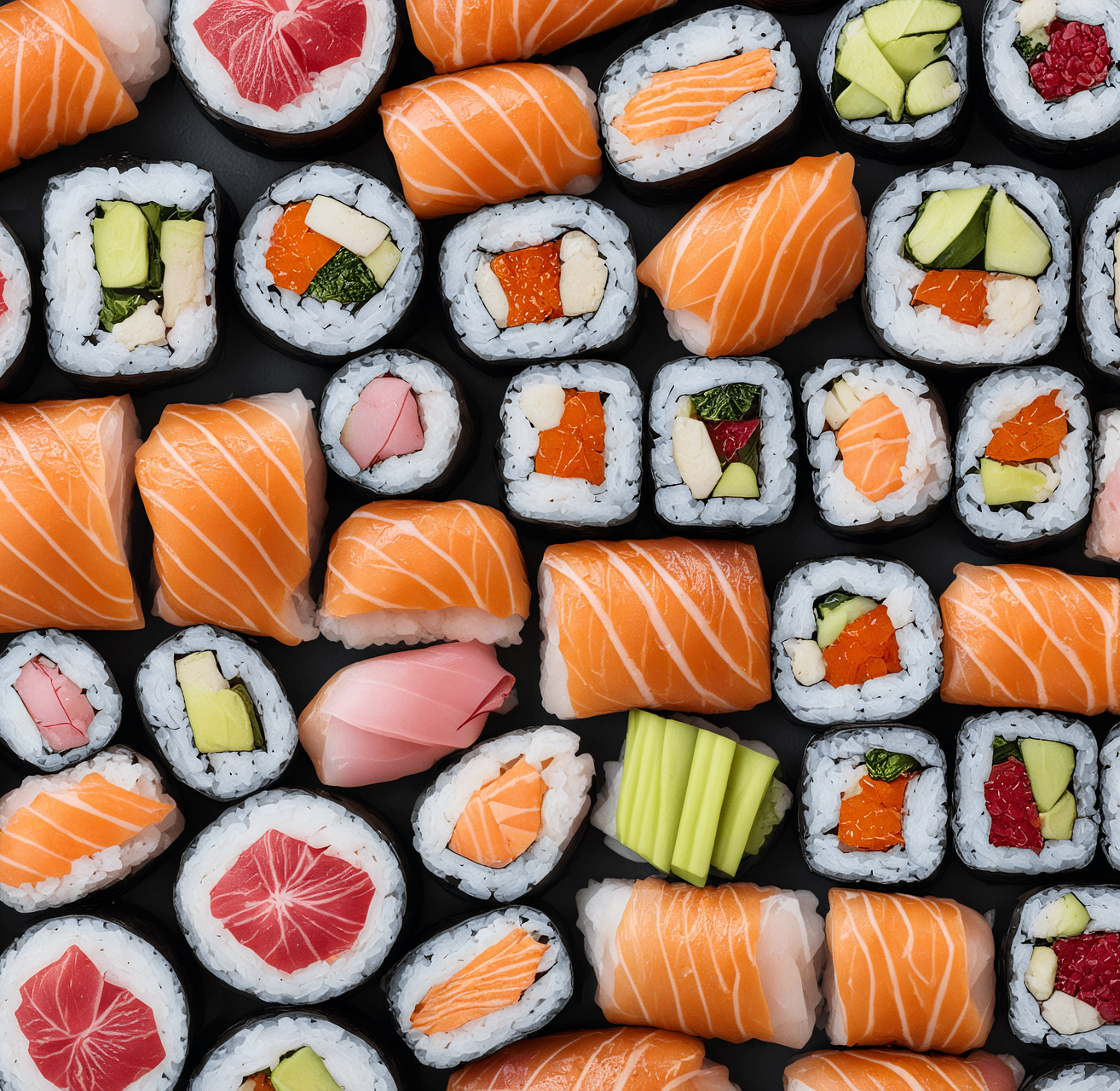 Nahaufnahme einer Auswahl verschiedener Sushi-Rollen, einschließlich Lachs, Gurke und Avocado, auf einer schwarzen Oberfläche angeordnet.