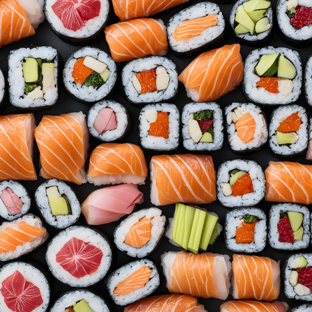 Nahaufnahme einer Auswahl verschiedener Sushi-Rollen, einschließlich Lachs, Gurke und Avocado, auf einer schwarzen Oberfläche angeordnet.