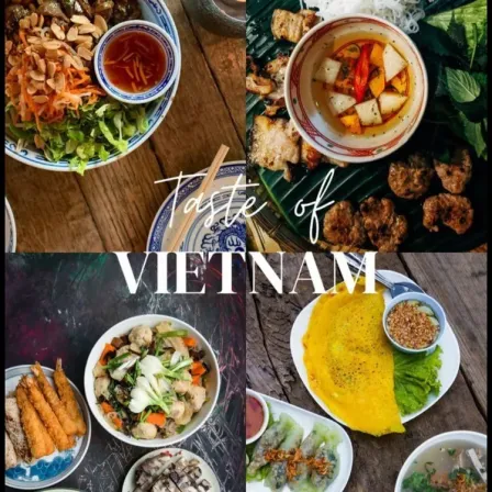 Eine Collage vietnamesischer Gerichte, darunter Salat, Suppe und frittiertes Essen, auf einem Holztisch mit den Worten 'Geschmack von Vietnam'.