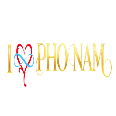 Das Logo zeigt das Wort 'PHONAM' in goldener Schrift mit einem Herzsymbol in roten und blauen Farben. Das Herzsymbol ist mit einem blauen Unendlichkeitssymbol verflochten. Der Text 'I' ist in Goldschrift.