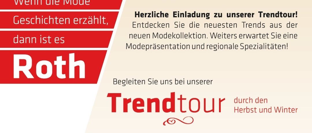 Veranstaltungsplakat für Trendtour von Roth. Eine lächelnde Frau und ein Kind in Herbstblättern. Details zur Veranstaltung umfassen Datum, Uhrzeit und Ort.