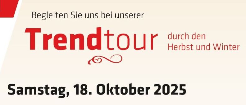 Plakat für Roth Trend Tour in Gelsenkirchen. Zeigt Familie mit Baby, Herbst-Thema, Veranstaltungsdetails und Einladung, neue Modetrends zu entdecken.