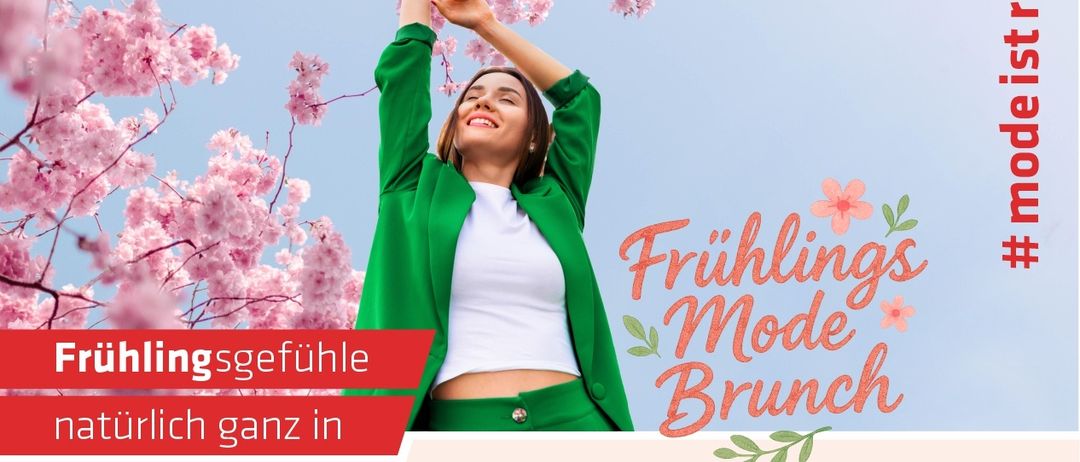 Plakat mit einer Frau in grüner Jacke und rosa Blumen. Es steht 'Fruhlings Mode Brunch' mit Terminen und Orten für Veranstaltungen.