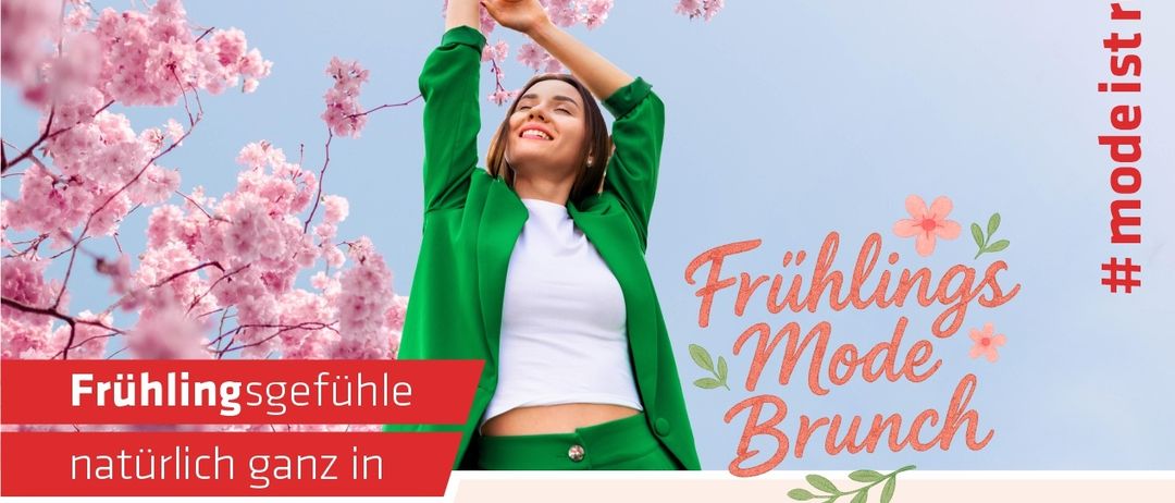 Ein Veranstaltungsposter für Roths Frühlings Mode Brunch, mit einer Frau mit erhobenen Armen, umgeben von Kirschblüten. Termine sind der 21. März 2026 und der 28. März 2026, mit verschiedenen Orten und Zeiten.