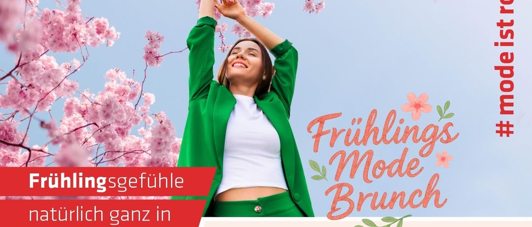 Werbung für Roths Frühlingsmode Brunch mit einer lächelnden Frau in einem grünen Mantel. Die Veranstaltungen sind für den 21. und 28. März 2026 an verschiedenen Orten und Zeiten geplant.