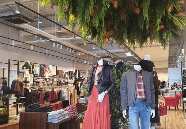 Ein Bekleidungsgeschäft mit Mannequins, die Jacken, Kleider und Jeans präsentieren. Eine große hängende Pflanze sorgt für eine dekorative Note. Der Laden ist gut beleuchtet, und es gibt Regale mit gefalteter Kleidung und einen roten Stuhl.