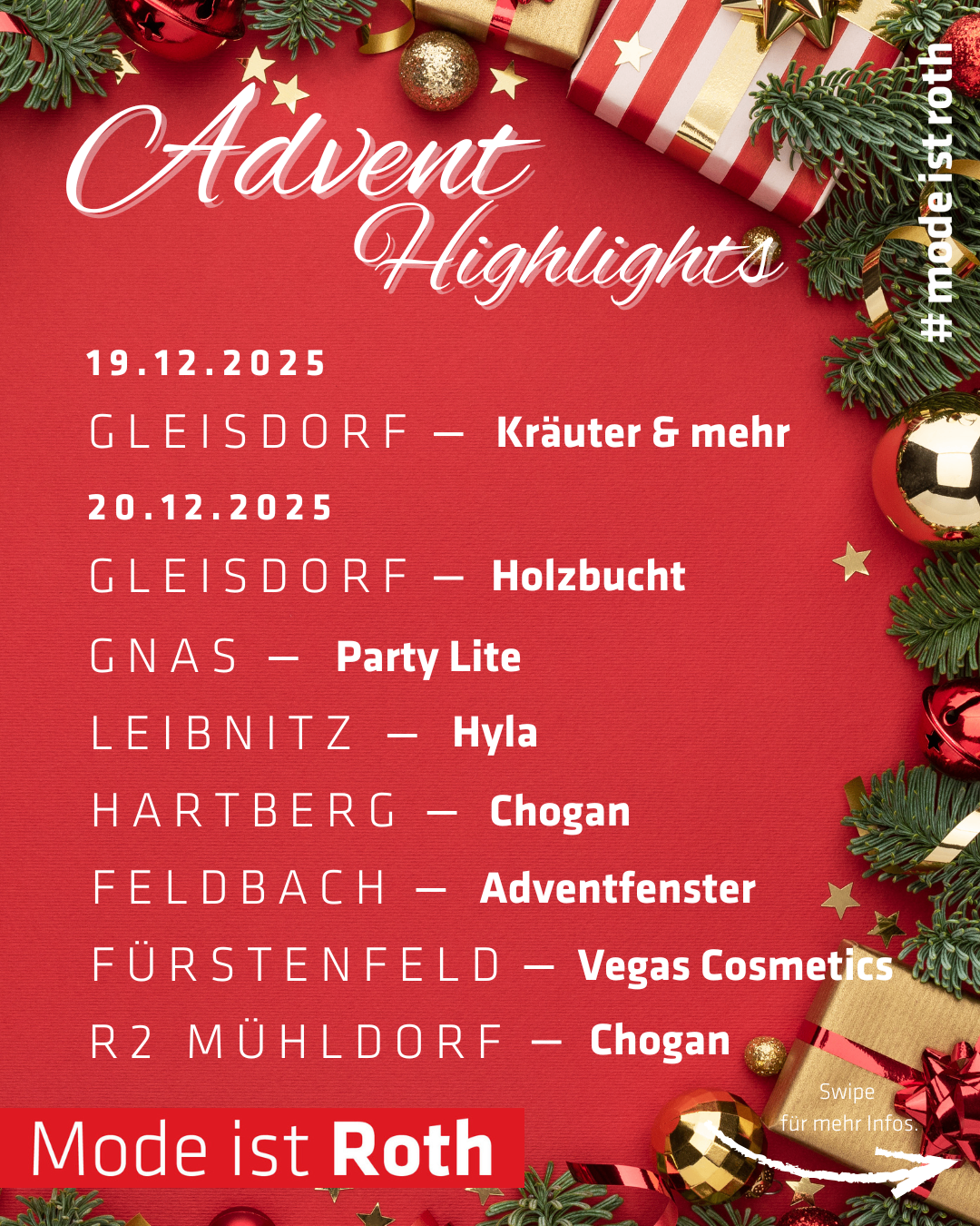 Ein roter Plakat mit 'Advent Highlights' in weißer Schrift. Es enthält Veranstaltungen an verschiedenen Orten wie Gleisdorf, Gnas und mehr. Jede Veranstaltung ist mit einer Aktivität verbunden. Die Daten sind 19. und 20. Dezember 2025.