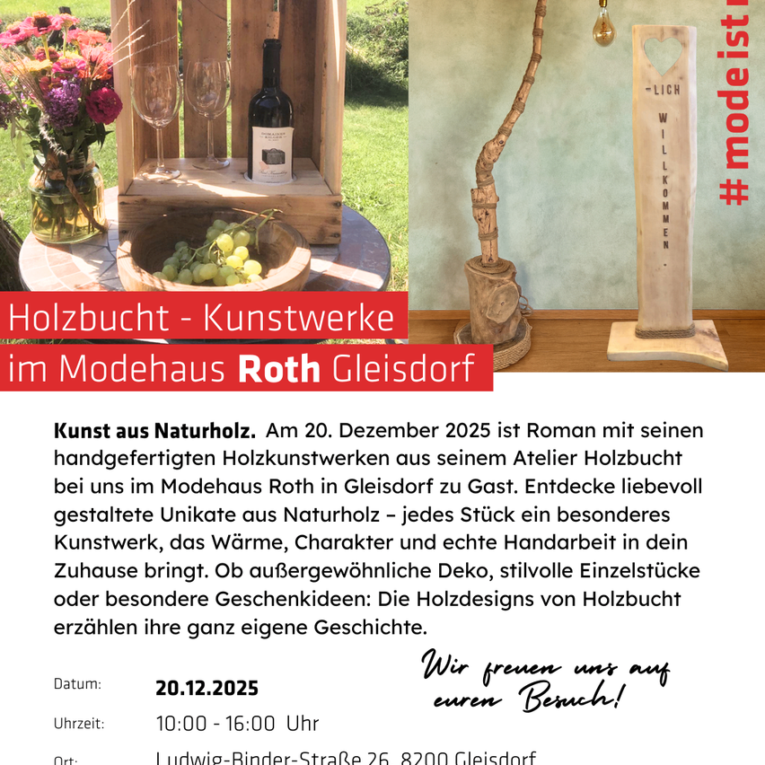 Bild von handgefertigten Holzkunstwerken, die in einem modernen Haus ausgestellt sind. Es zeigt eine Holzkiste mit Weinflaschen und Gläsern und eine Lampen aus einem Baumzweig. Datum: 20.12.2025. Zeit: 10:00 - 16:00 Uhr. Ort: Ludwig-Binder-Straße 26, 8200 Gleisdorf.