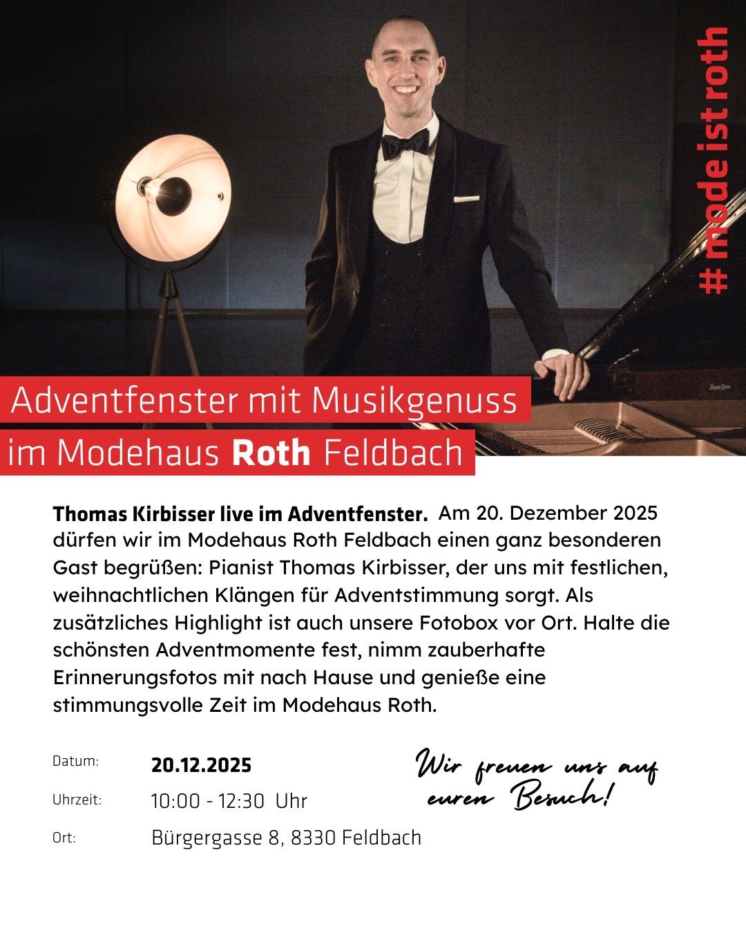 Werbeanzeige für eine Adventveranstaltung mit dem Musiker Thomas Kirbisser im Modehaus Roth Feldbach. Das Event ist für den 20. Dezember 2025 geplant.