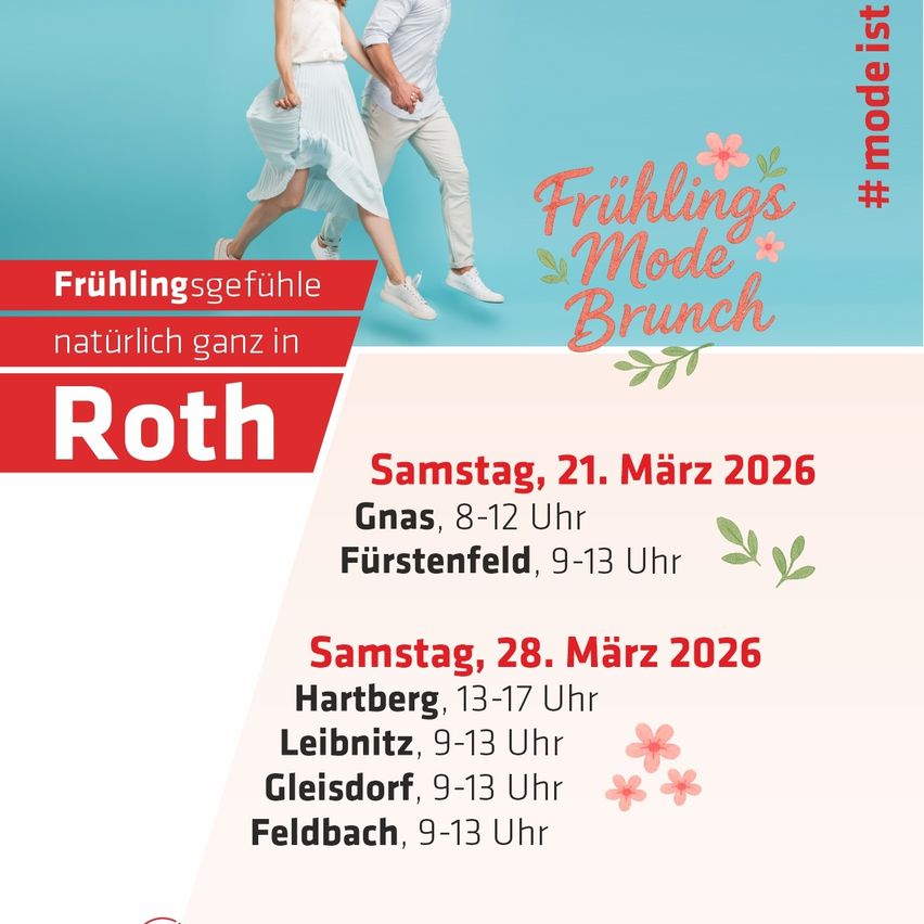 Poster advertising spring fashion brunches in Roth, Germany. Dates include March 21, 2026 in Gnas and Fürstenfeld, and March 28, 2026 in Hartberg, Leibnitz, Gleisdorf, and Feldbach.