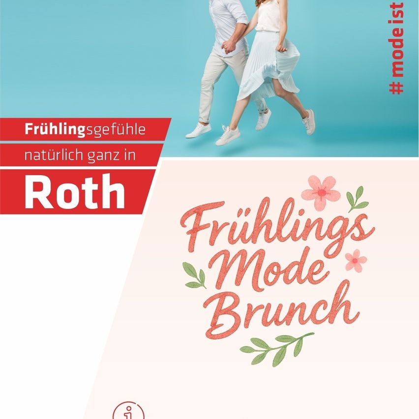 An advertisement for a spring brunch with a couple dancing on a blue background. The text reads 'Spring feelings naturally in Roth'.