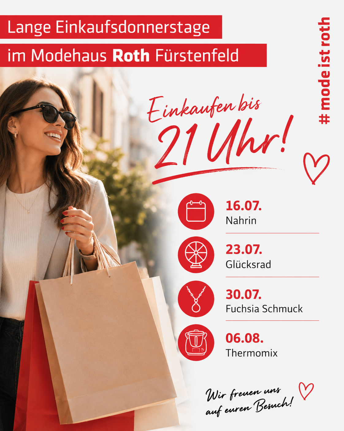 A smiling woman wearing sunglasses and a necklace holds shopping bags. The image promotes shopping at Modehaus Roth Furstenfeld, with dates and items for sale listed.
