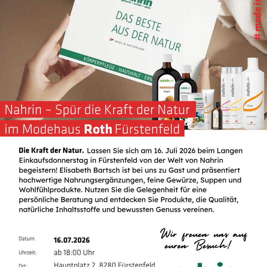 An advertisement for Nahrin products, featuring a hand holding a book with the title 'Das Beste aus der Natur'. The ad includes a date, time, and location for an event at Modehaus Roth in Furstenfeld.