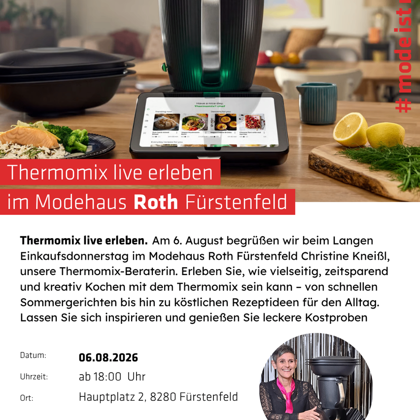 An advertisement for a Thermomix cooking experience at Modehaus Roth Furstenfeld. The image shows a Thermomix blender, a tablet displaying recipes, and a woman holding the blender. The text invites viewers to experience Thermomix cooking on August 6th.