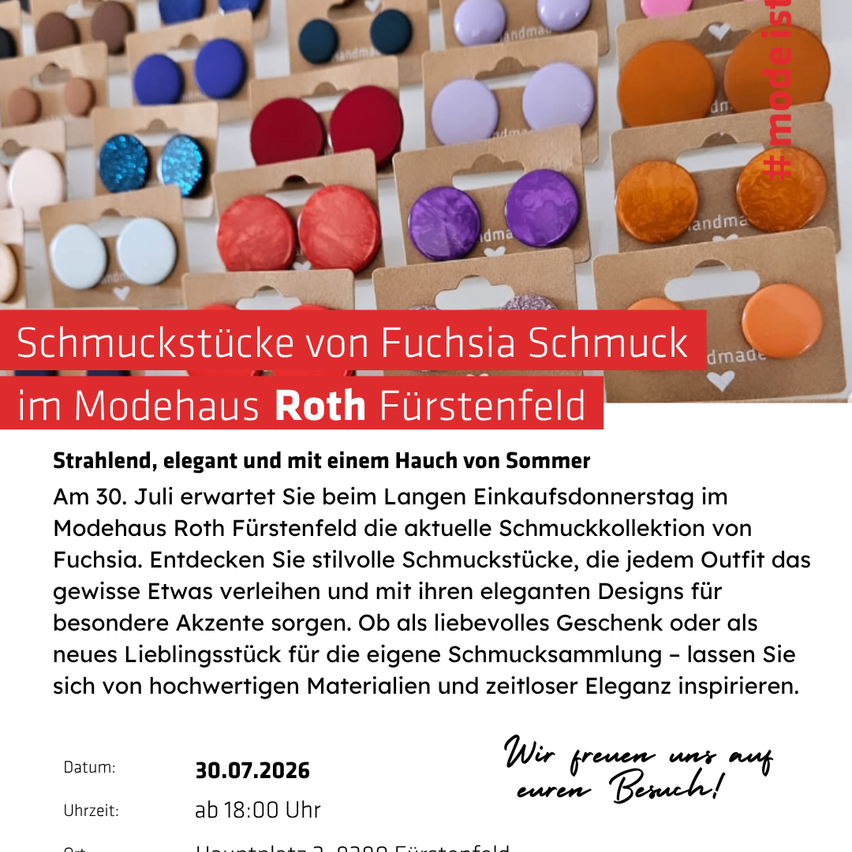 An array of colorful jewelry pieces displayed in brown packaging with a watermark. The image includes a promotional message for an upcoming event at Modehaus Roth Fürstenfeld.