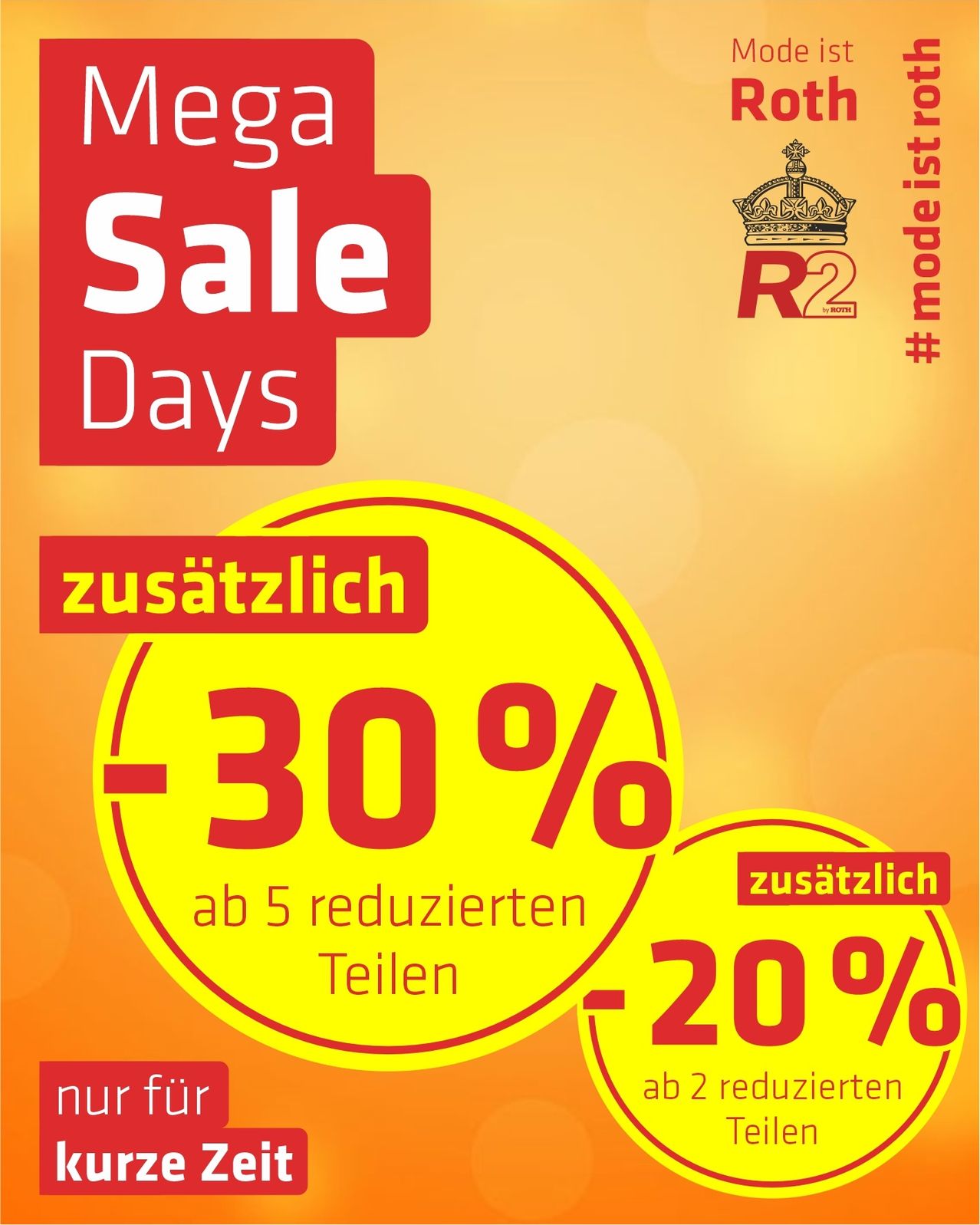 An advertisement for Mega Sale Days featuring a yellow circle with a 30% discount and a crown logo. The background is orange.