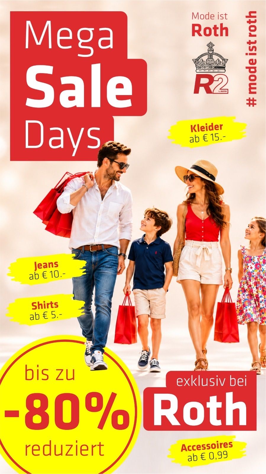 Ein Werbeposter zeigt eine vierköpfige Familie beim Einkaufen, mit Preisen für Jeans, Hemden und Kleidung angezeigt.