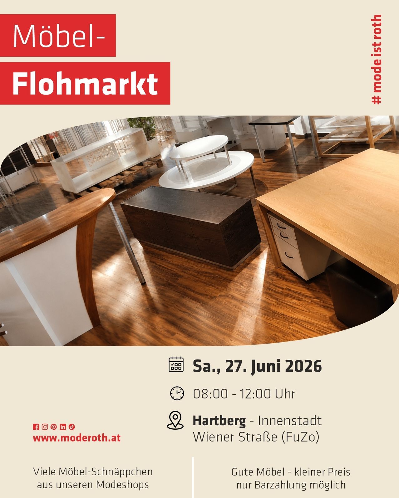 Werbung für Flohmarkt am 27. Juni 2026 von 8:00 bis 12:00 Uhr in Hartberg, Innere Stadt, Wiener Strasse (FuZo). Zeigt Holzboden und Möbel.