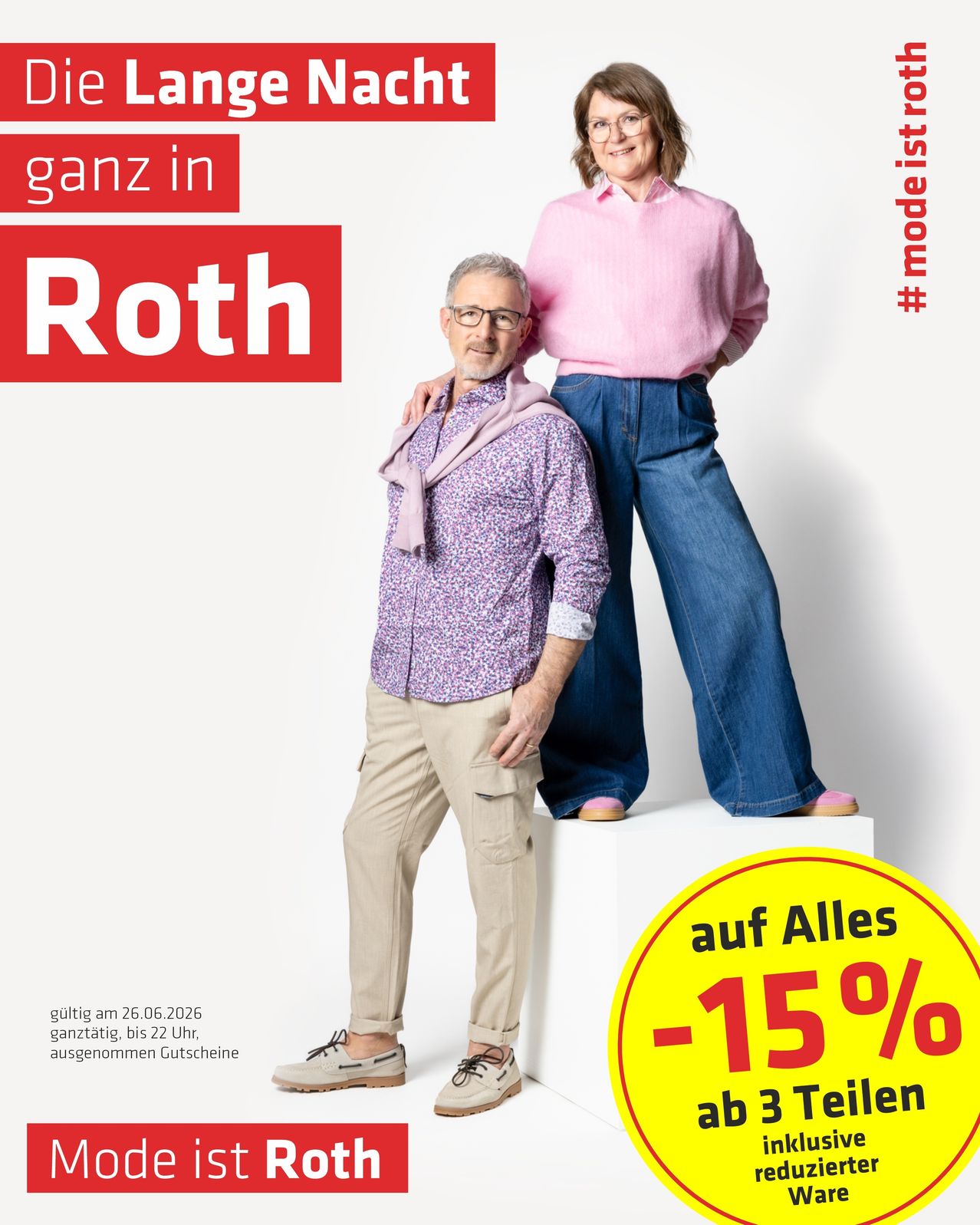Eine Anzeige für Roth mit einem Mann und einer Frau auf einer weißen Plattform mit einem 15% Rabatt auf alles, gültig bis zum 26.06.2026.