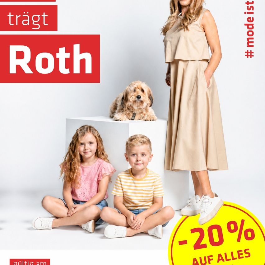 An advertisement shows a woman with a beige dress, two kids, and a dog. A discount of 20% on all products is advertised.