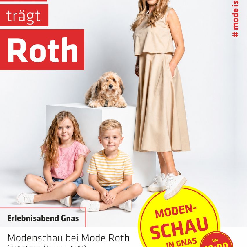 Advertisement for Roth featuring a woman, two children, and a dog. The woman stands behind a table, smiling. The children sit on the floor, smiling. Text reads 'Modenschau in Gnas.'