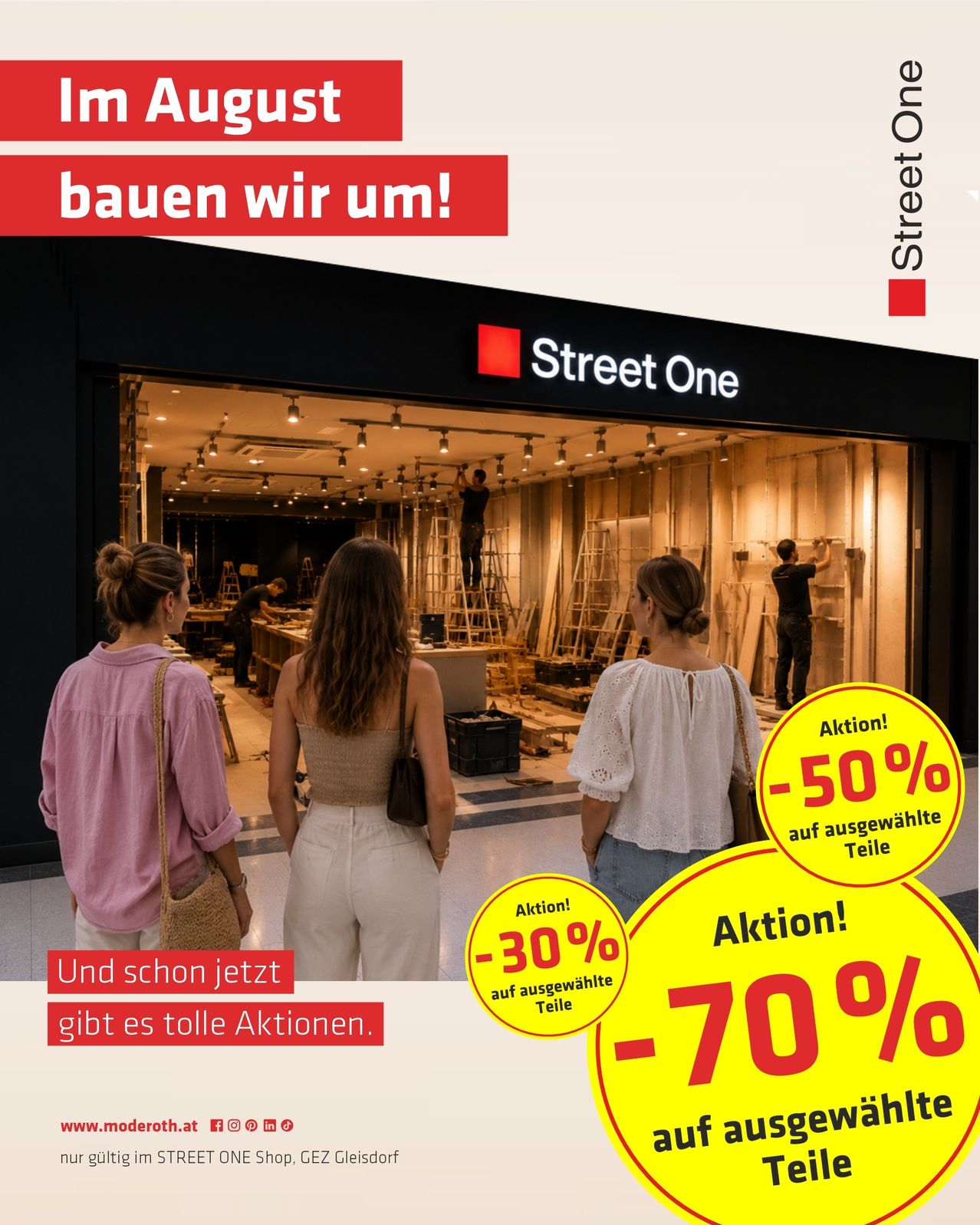 An advertisement for Street One store with a renovation sign. Three women are looking inside the store where workers are visible. There are signs for discounts up to 70%.