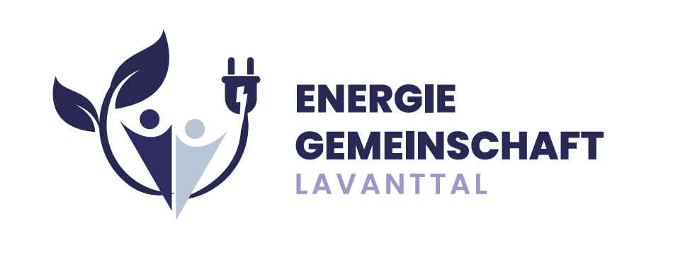 Das Logo für Energie Gemeinschaft Lavanttal zeigt einen stilisierten Stecker, ein Blatt und zwei Menschen. Der Text steht in fetten, dunkelblauen Buchstaben und lautet 'Energie Gemeinschaft Lavanttal'.