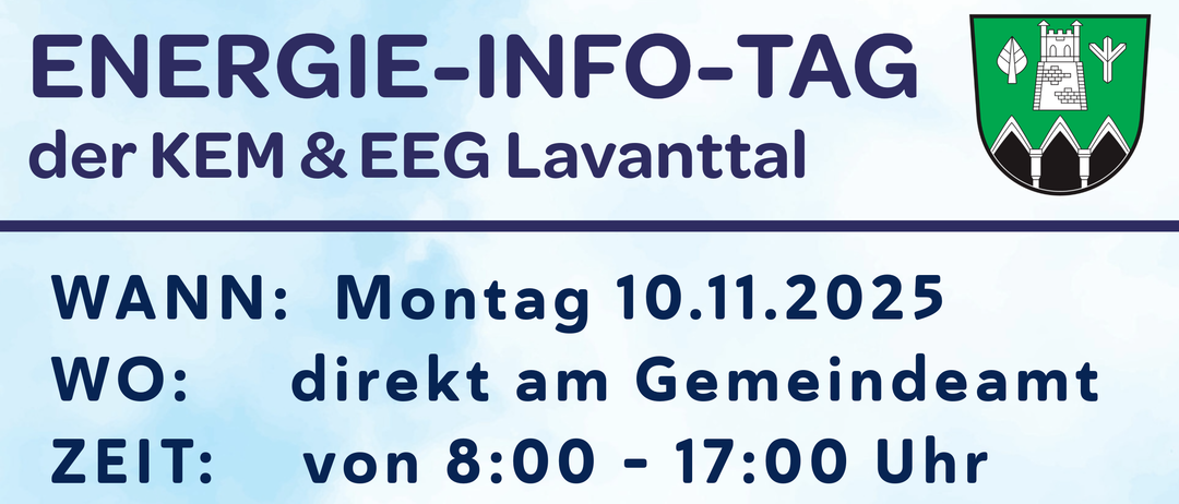 Ein Ereignis ist für Montag, den 10. November 2025, von 8:00 bis 17:00 Uhr im Gemeindeamt geplant. Es bietet Energieberatung, Informationen zu aktuellen Förderungen, neue Förderungen für Heizungstausch und Tipps zum Energiesparen zu Hause.