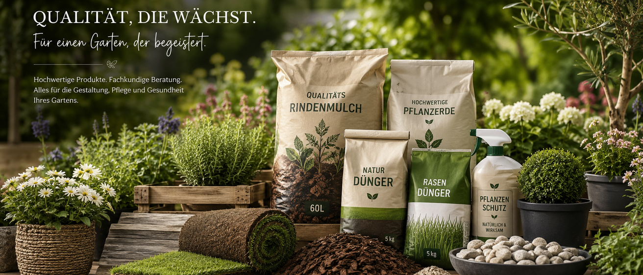 Gartenprodukte wie Mulch, Dünger und Erde sind auf einem Holztisch ausgestellt. Säcke 'Qualitats Rindenmulch', 'Hochwertige Pflanzenerde' und 'Rasen Dunger' sind sichtbar, zusammen mit anderen Gartenartikeln.
