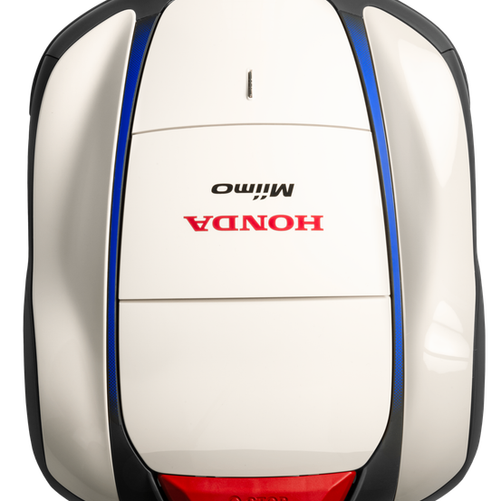 Die Rückseite eines weißen Honda-Geräts mit blauen Besätzen und roten Akzenten. Das Wort Honda ist prominent in Rot angebracht.