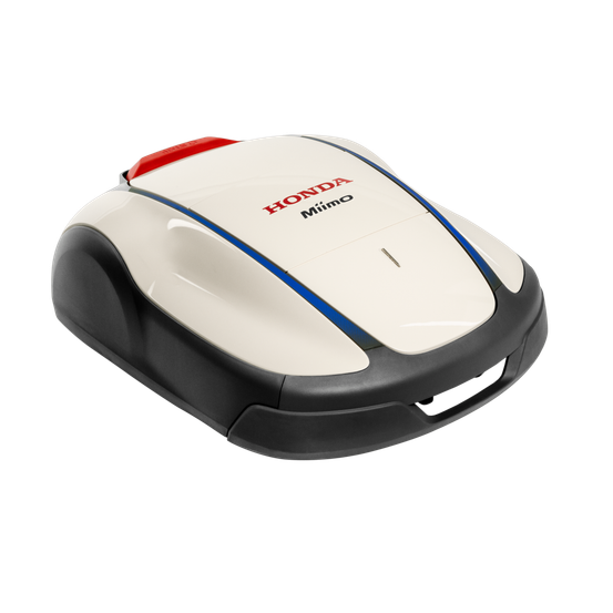 Ein weißer und grauer robotergesteuerter Rasenmäher mit rotem Akzent auf der Oberseite, der das Honda Miimo-Logo zeigt.